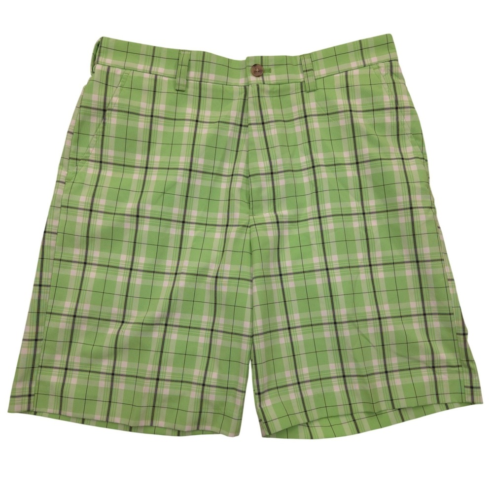 IZOD Performance X Golf Shorts Flat Front Chino Green White Black Tartan Mens 33